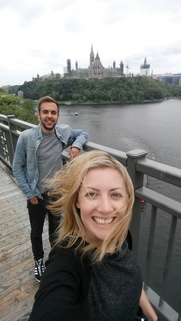 On the bridge which connects Ottawa to Quebec.